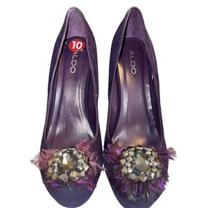 Aldo Bouch Purple Suede Platform Pumps Crystal Feather Metallic Heel Womens 10